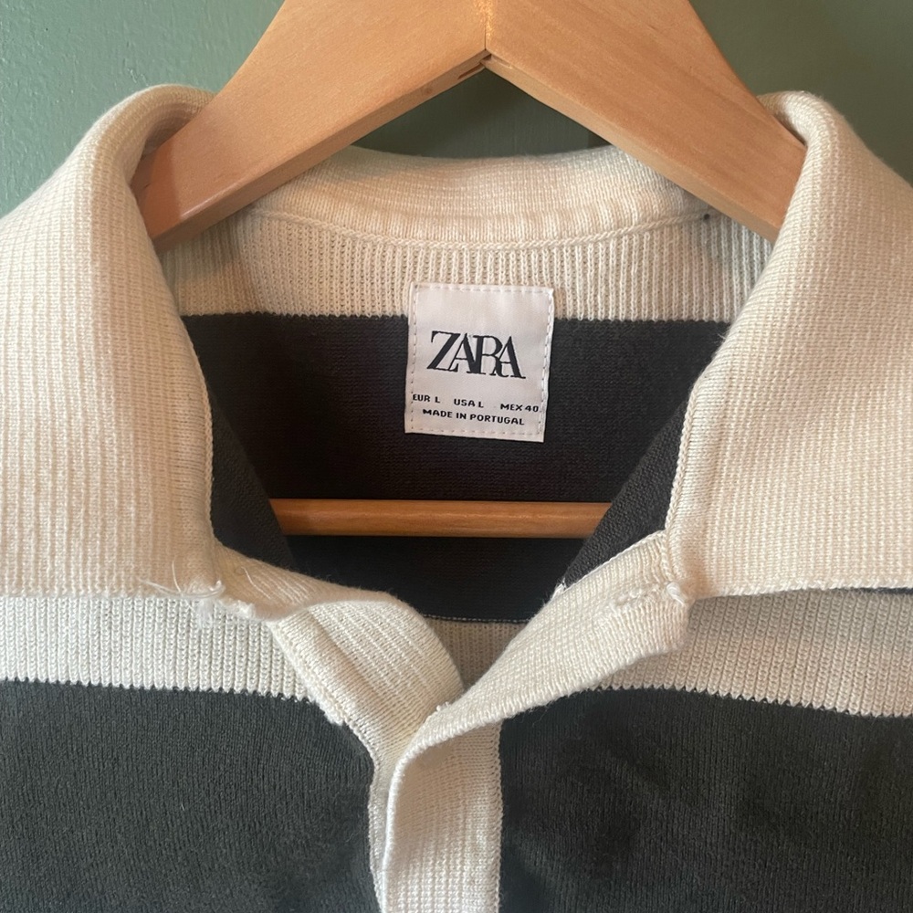 ZARA Men’s Green and Cream Striped Polo Shirt - Picture 7 of 8